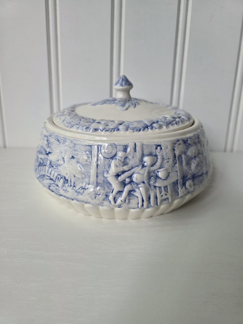Vintage Mildred Greer Art Pottery Blue White Covered Dish Bowl 1982 80s Decor